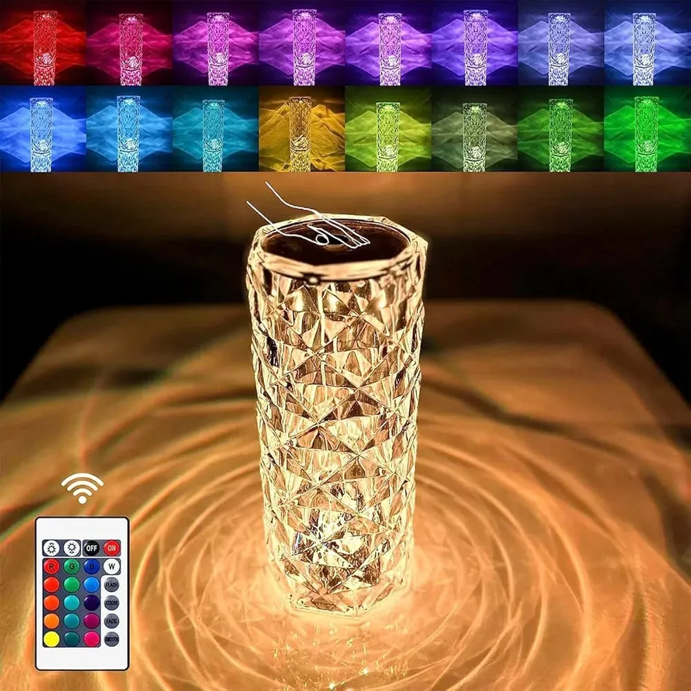 Rechargeable Rose Diamond Crystal Table Lamp with Remote & 16 RGB Colors